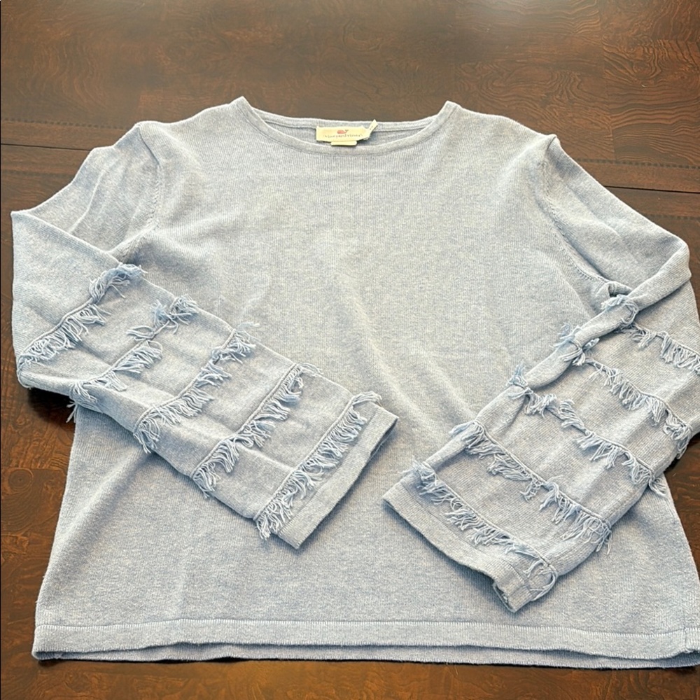 Light Blue Fringe Sleeve Sweater